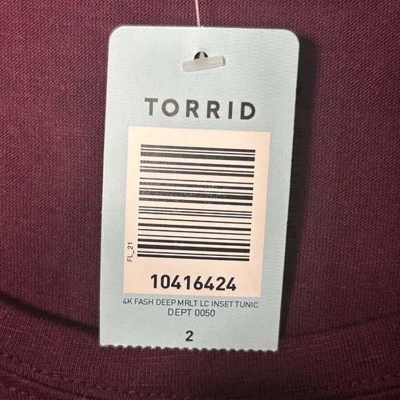 Torrid Womens 2 2X 18-20 Deep Merlot Lace Inset Top‎ 3/4 Sleeve Stretchy - Picture 4 of 9